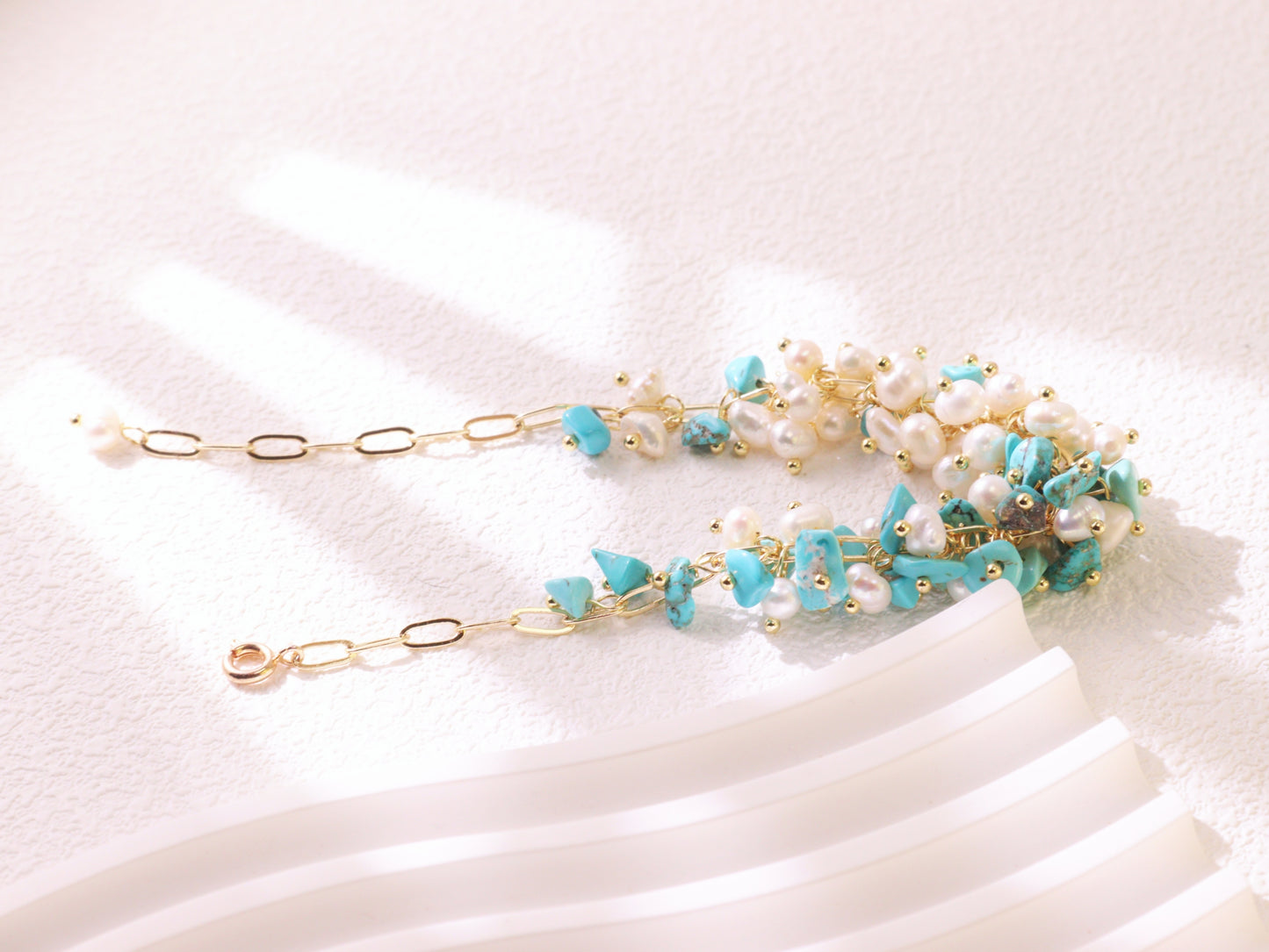Turquoise & Pearl Chain Bracelet – Gold Plated Elegant Bridesmaid Gift