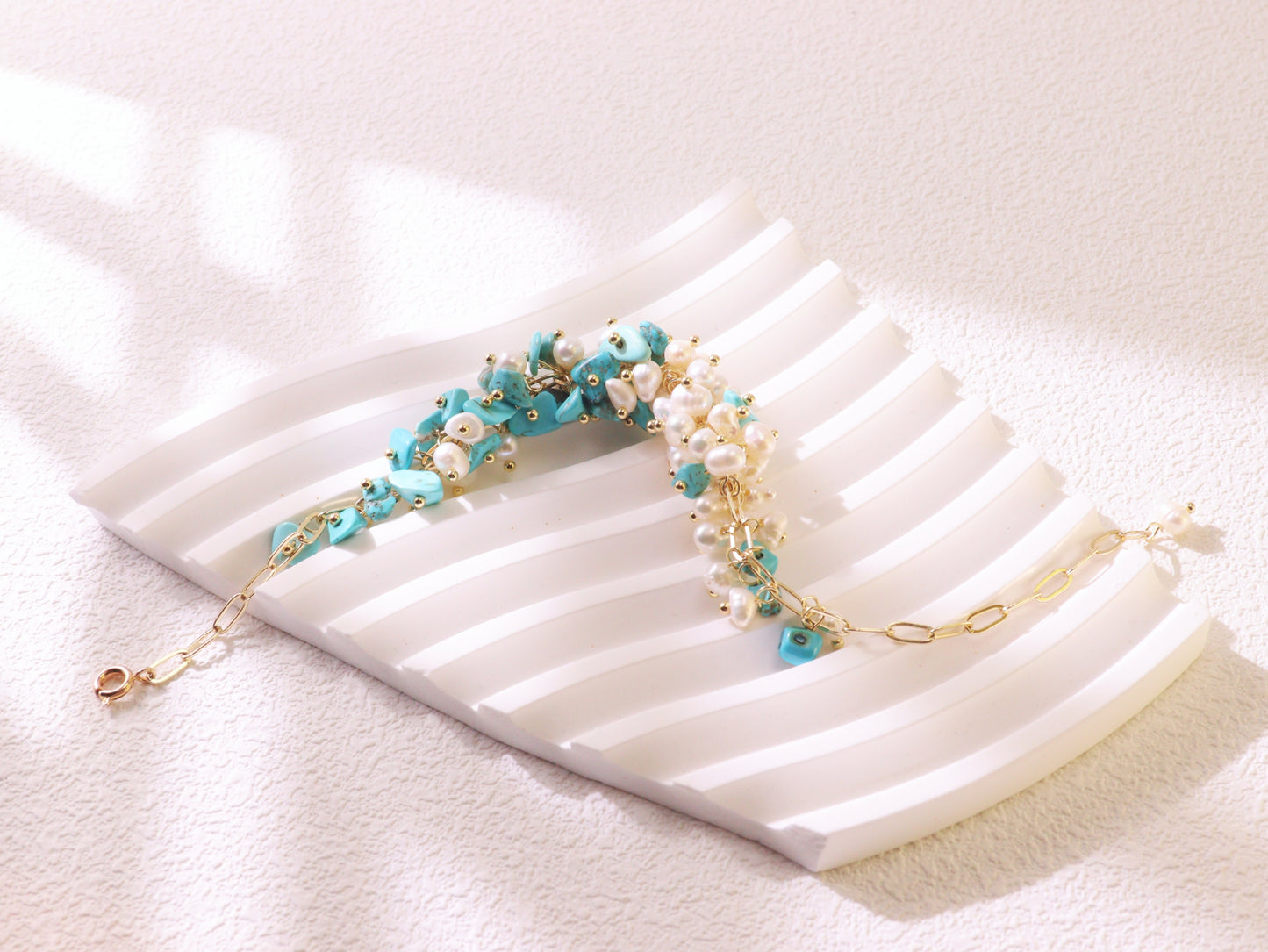Turquoise & Pearl Chain Bracelet – Gold Plated Elegant Bridesmaid Gift