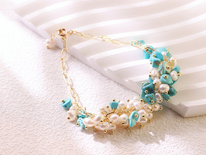 Turquoise & Pearl Chain Bracelet – Gold Plated Elegant Bridesmaid Gift