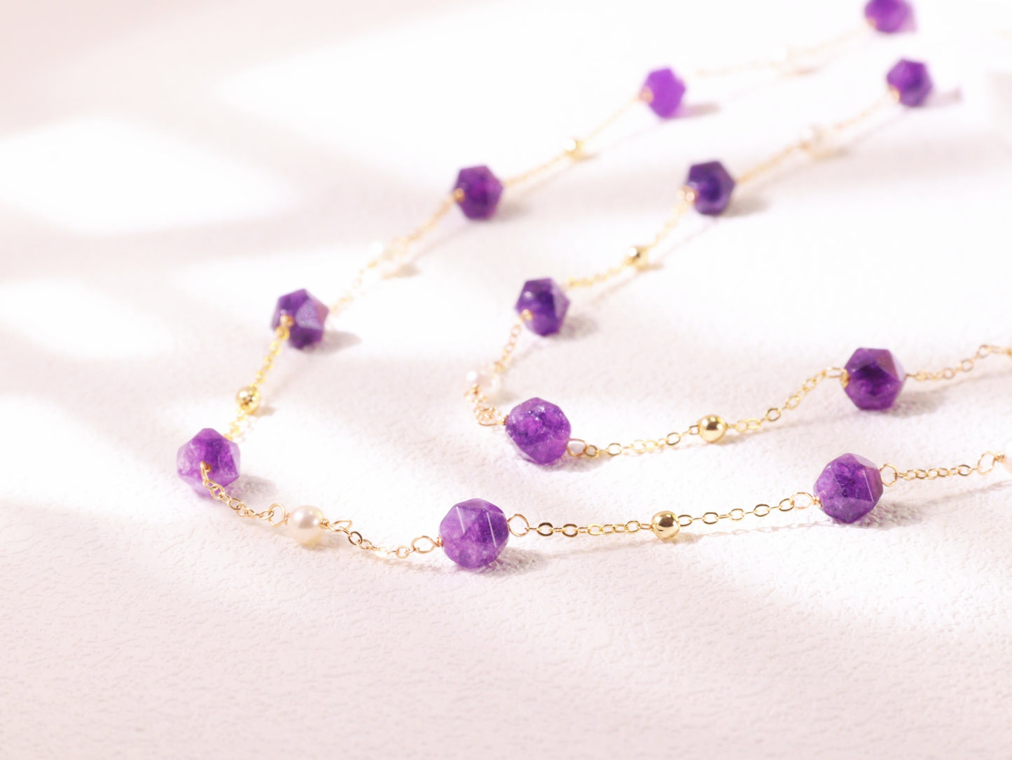 Amethyst & Pearl Double-Strand Long Necklace – Layering Gold Beaded Chain