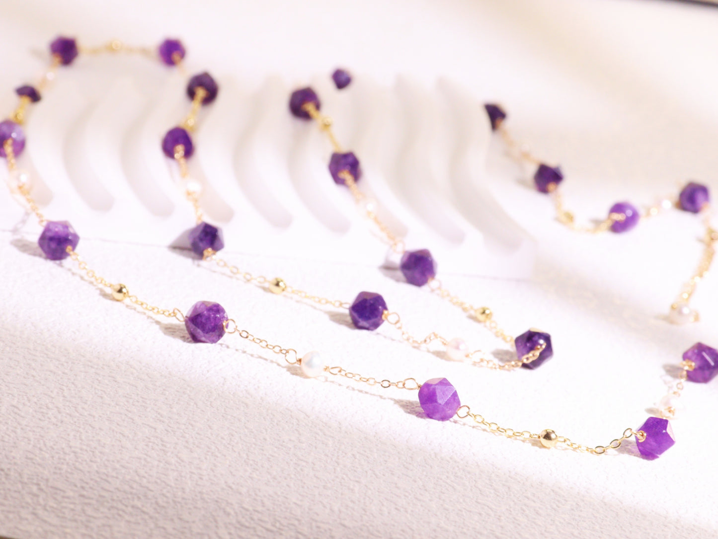 Amethyst & Pearl Double-Strand Long Necklace – Layering Gold Beaded Chain