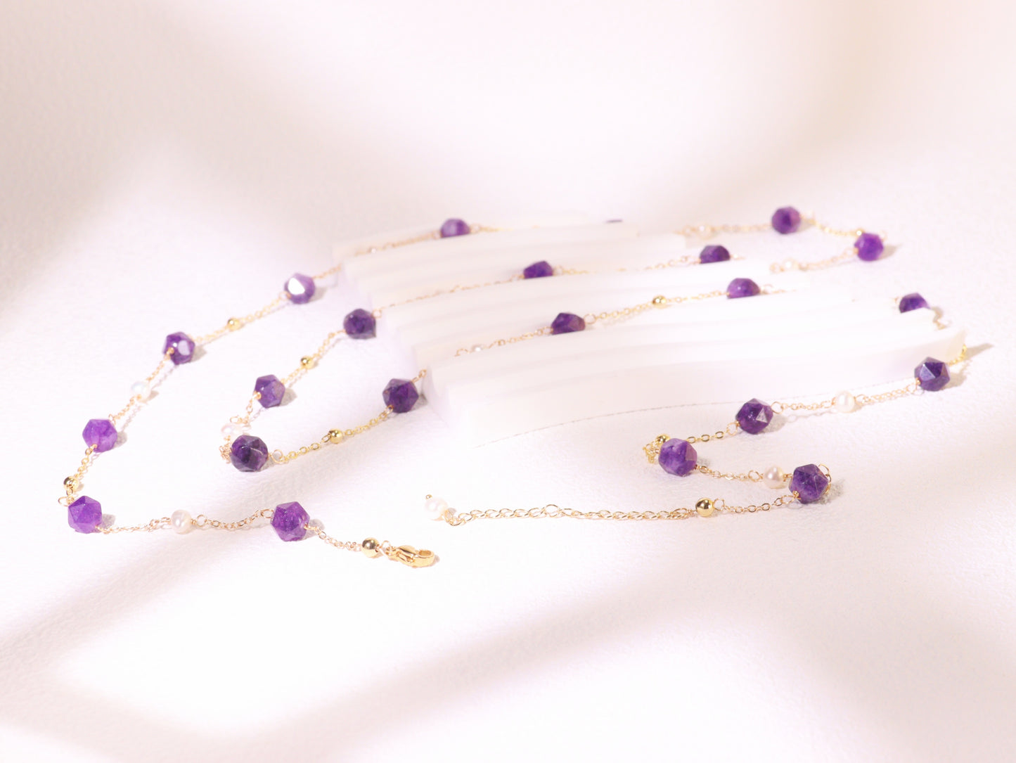 Amethyst & Pearl Double-Strand Long Necklace – Layering Gold Beaded Chain