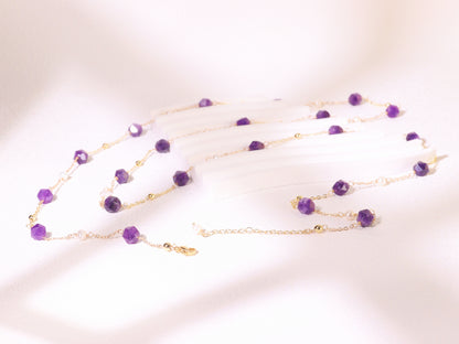 Amethyst & Pearl Double-Strand Long Necklace – Layering Gold Beaded Chain