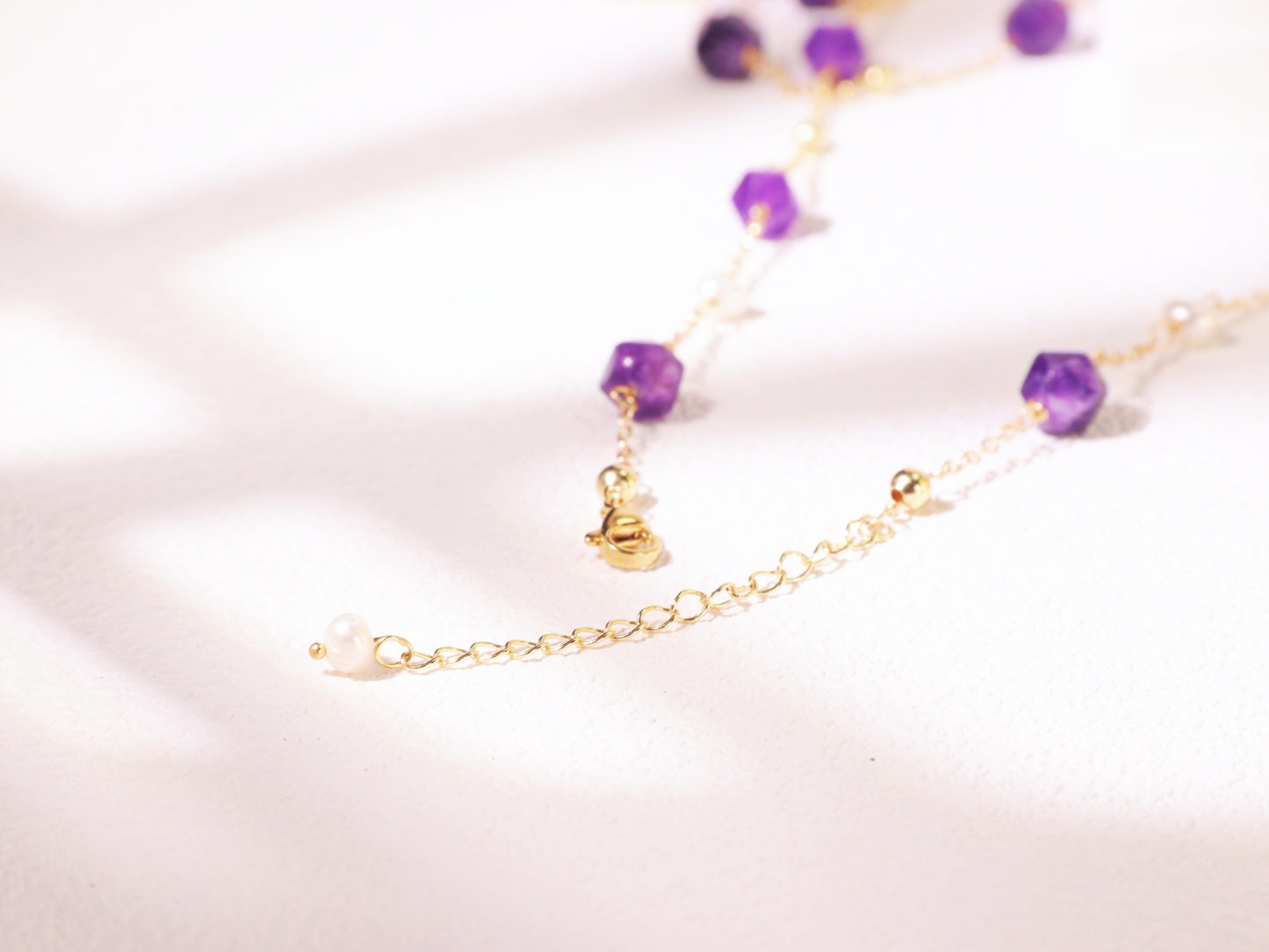 Amethyst & Pearl Double-Strand Long Necklace – Layering Gold Beaded Chain