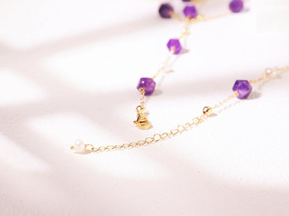 Amethyst & Pearl Double-Strand Long Necklace – Layering Gold Beaded Chain
