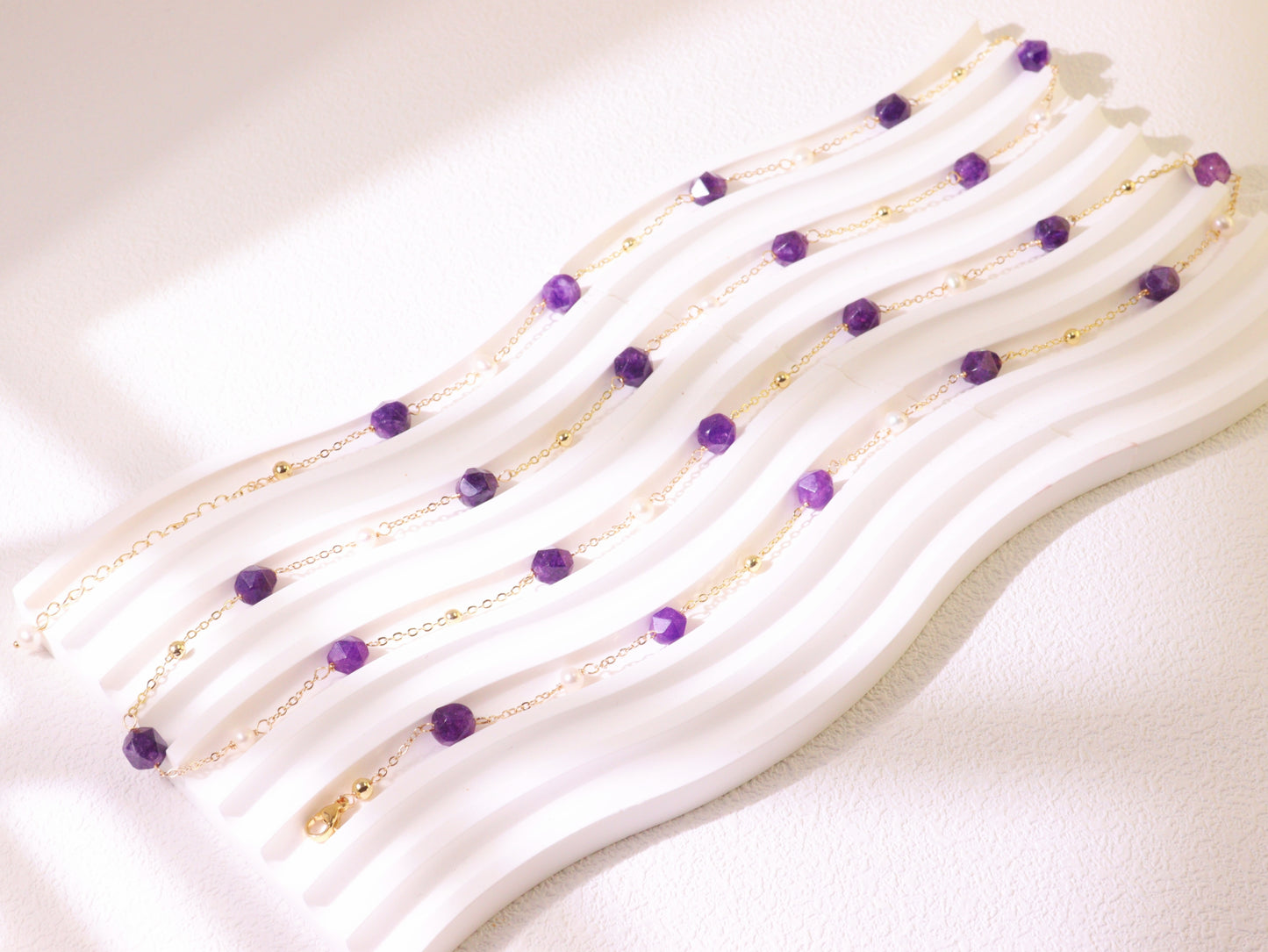Amethyst & Pearl Double-Strand Long Necklace – Layering Gold Beaded Chain