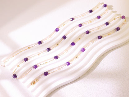 Amethyst & Pearl Double-Strand Long Necklace – Layering Gold Beaded Chain