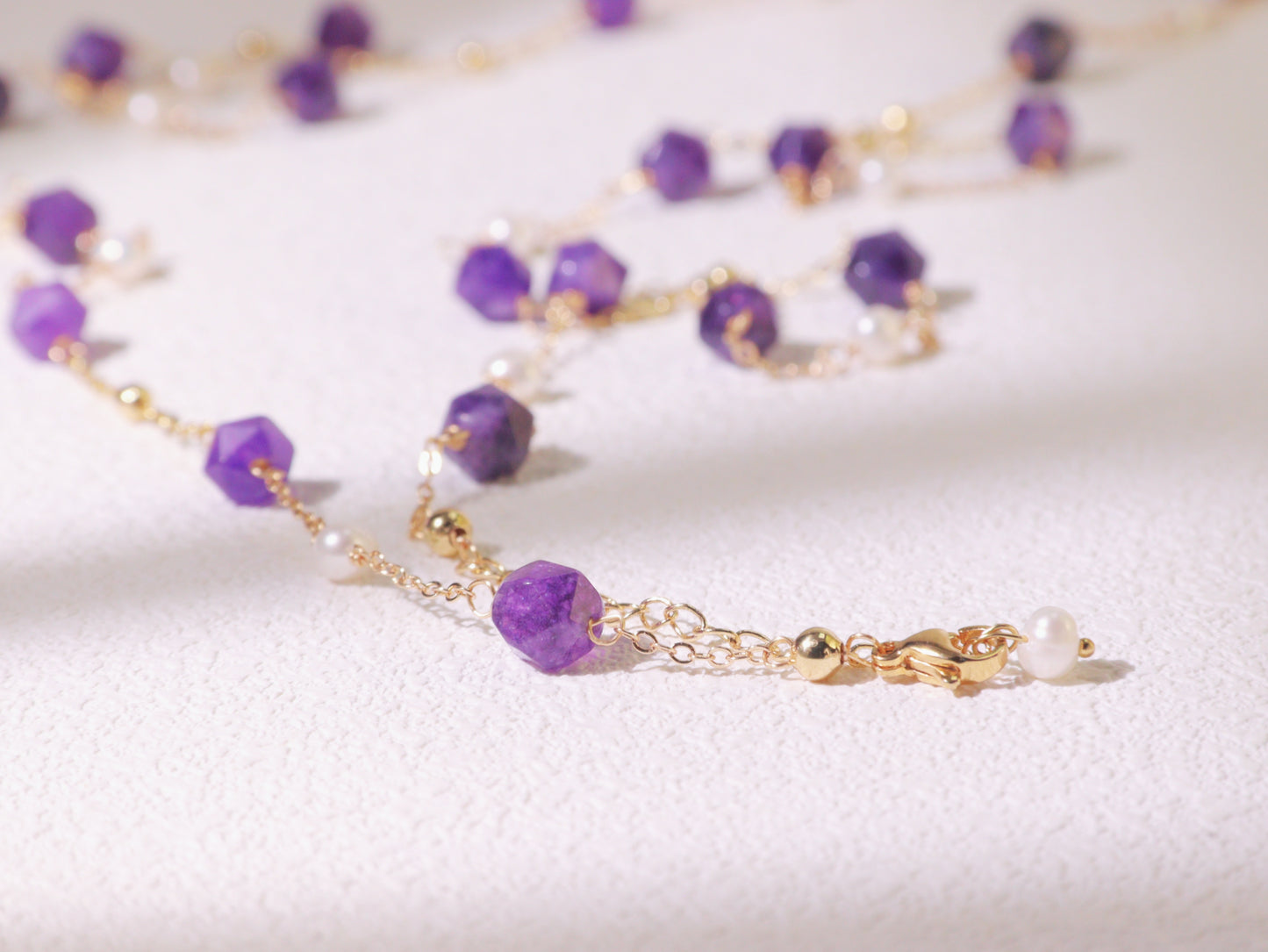 Amethyst & Pearl Double-Strand Long Necklace – Layering Gold Beaded Chain