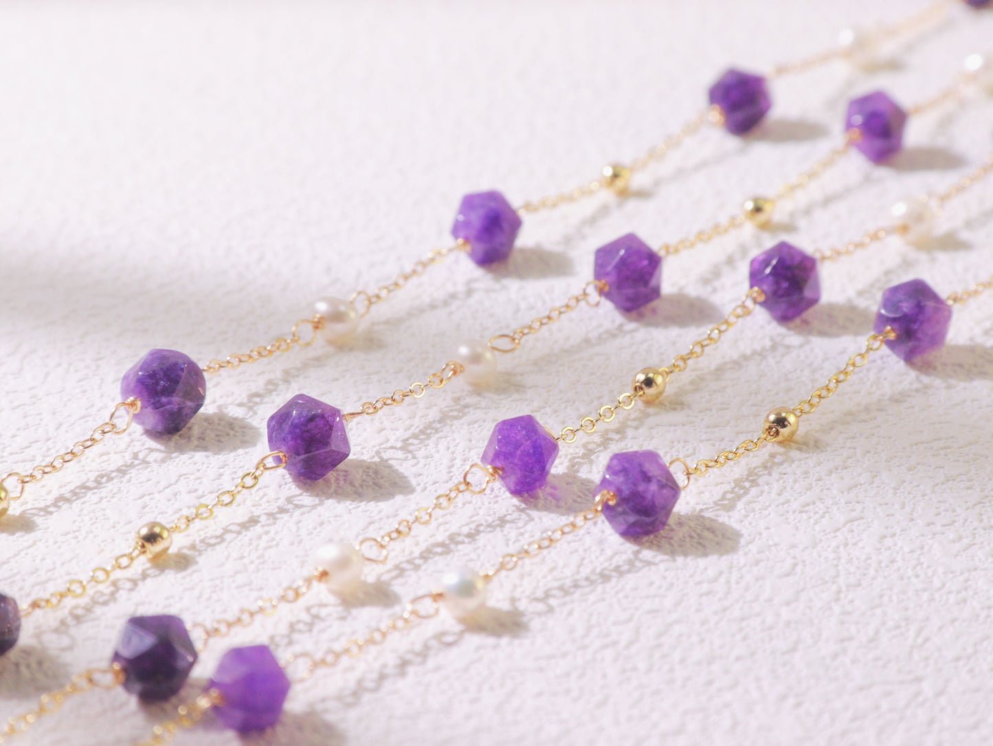 Amethyst & Pearl Double-Strand Long Necklace – Layering Gold Beaded Chain