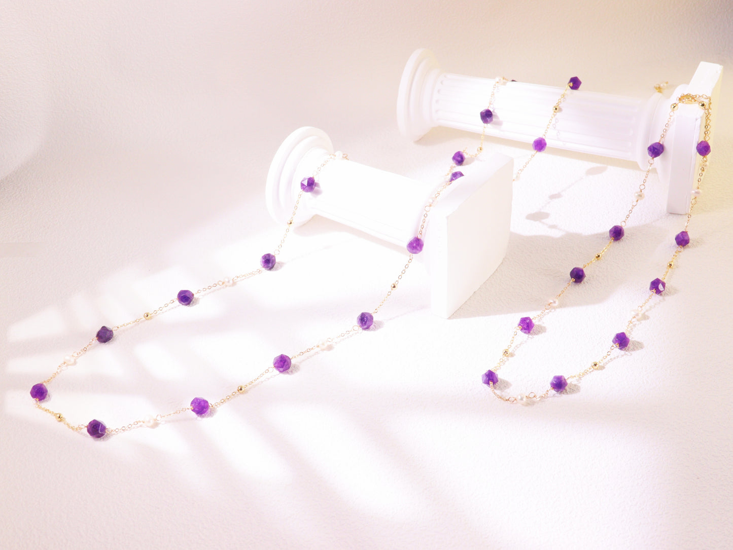 Amethyst & Pearl Double-Strand Long Necklace – Layering Gold Beaded Chain