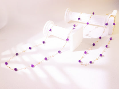 Amethyst & Pearl Double-Strand Long Necklace – Layering Gold Beaded Chain