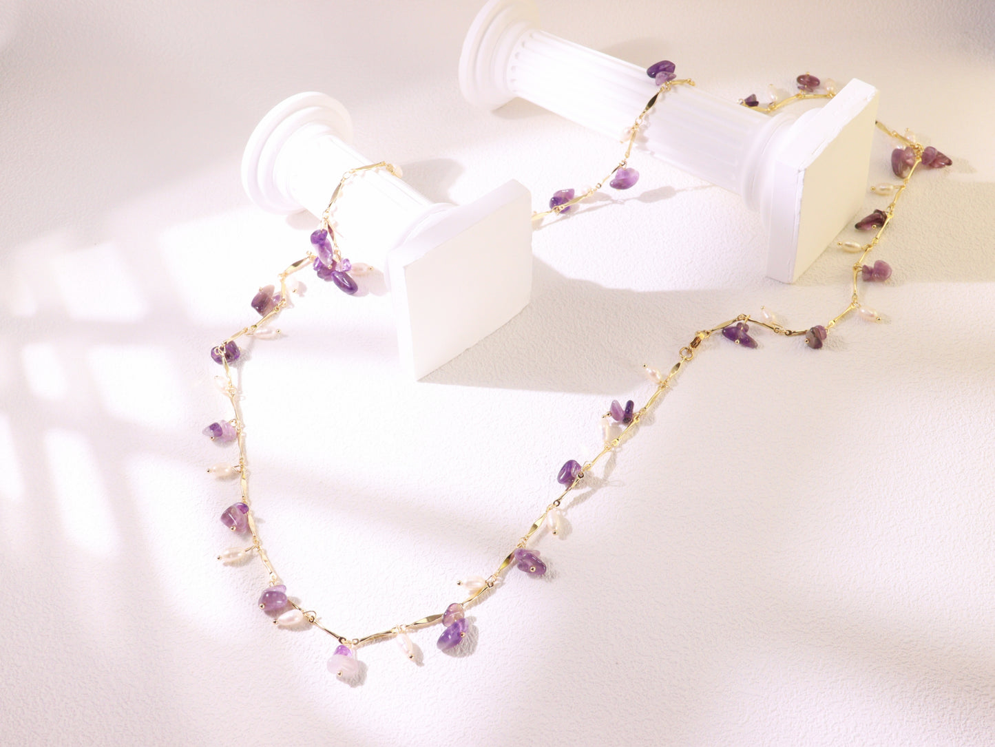 "Thorn Inspired" Amethyst Pearl Necklace – Artistic Nature Layering Jewelry (104cm)