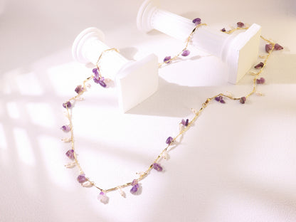 "Thorn Inspired" Amethyst Pearl Necklace – Artistic Nature Layering Jewelry (104cm)