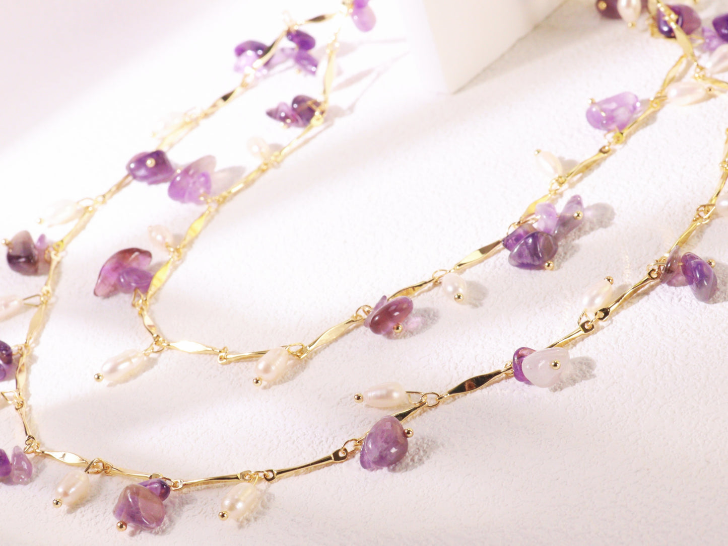 "Thorn Inspired" Amethyst Pearl Necklace – Artistic Nature Layering Jewelry (104cm)