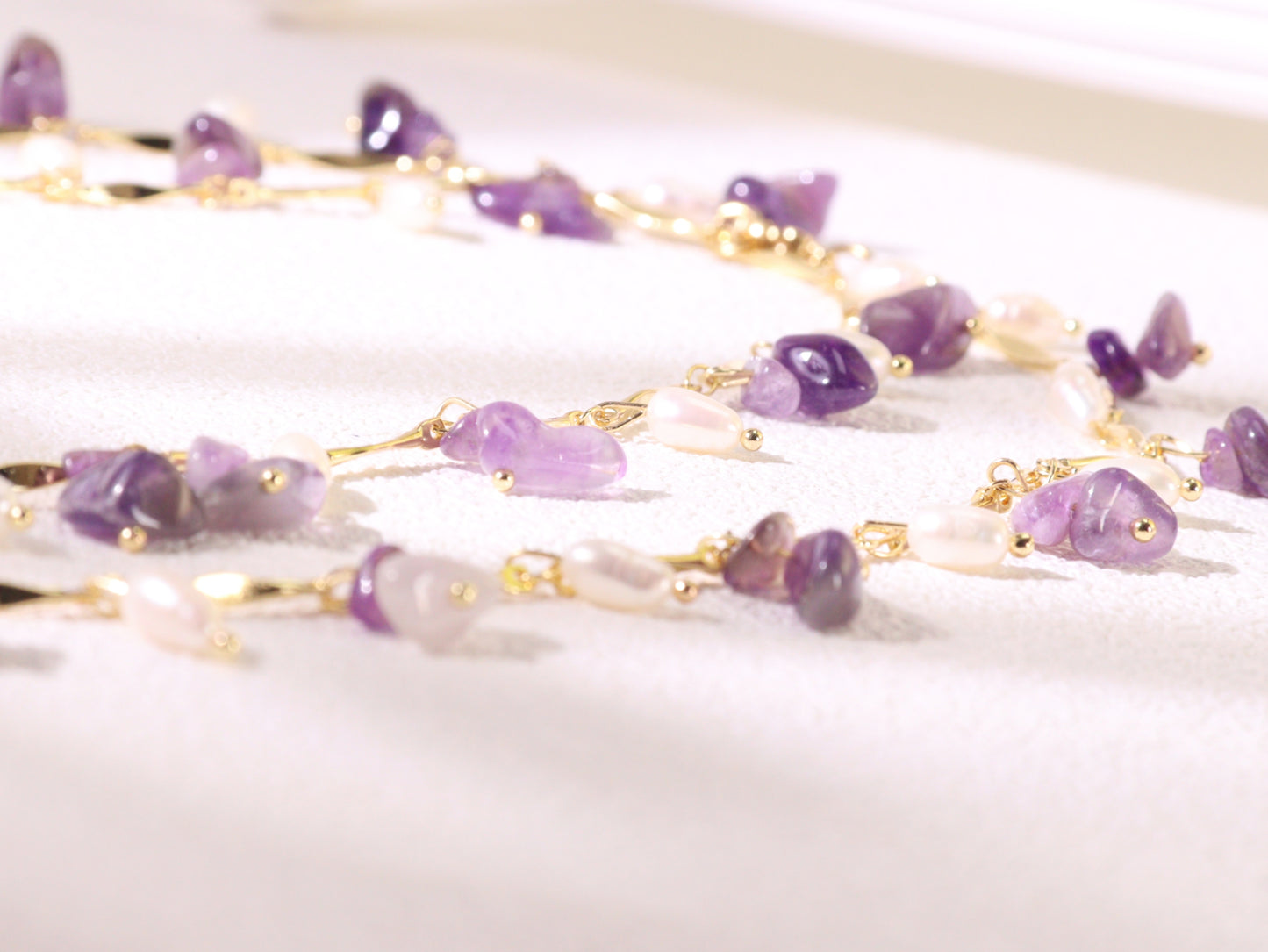"Thorn Inspired" Amethyst Pearl Necklace – Artistic Nature Layering Jewelry (104cm)