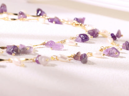 "Thorn Inspired" Amethyst Pearl Necklace – Artistic Nature Layering Jewelry (104cm)