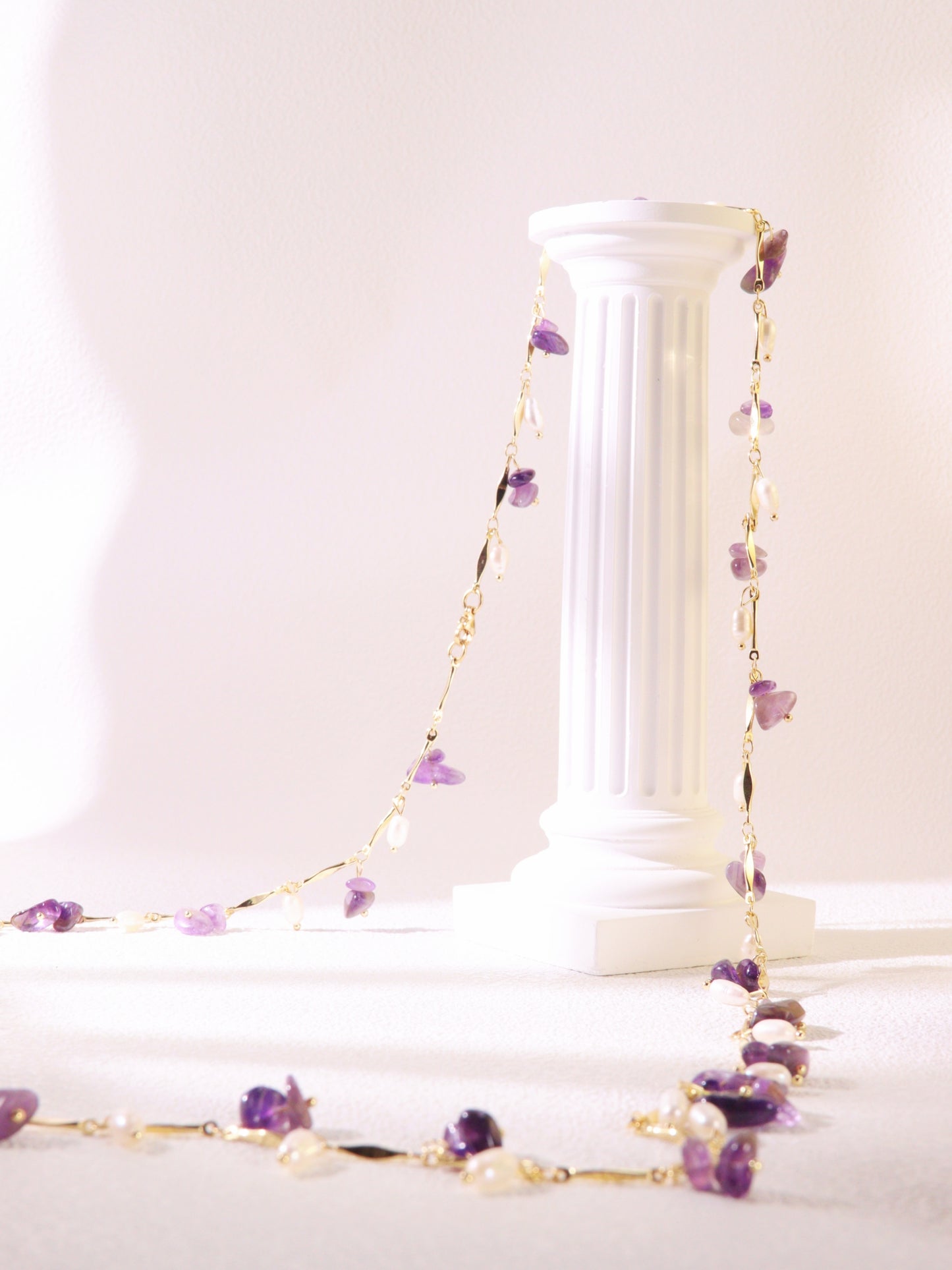 "Thorn Inspired" Amethyst Pearl Necklace – Artistic Nature Layering Jewelry (104cm)