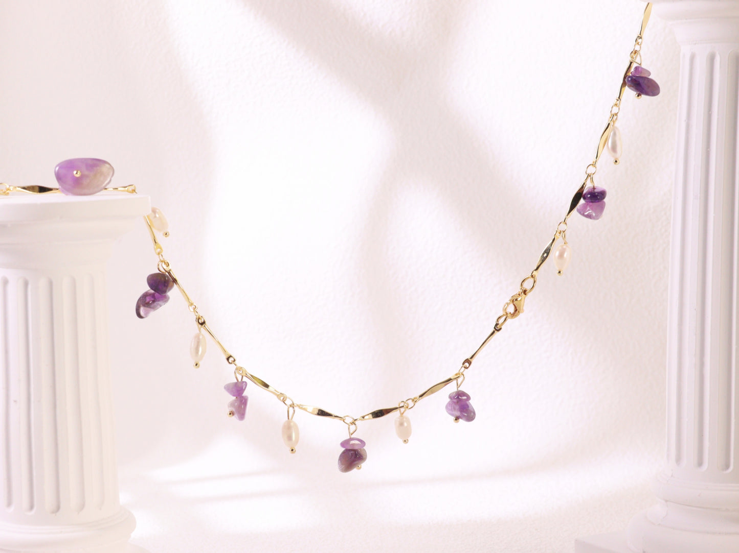 "Thorn Inspired" Amethyst Pearl Necklace – Artistic Nature Layering Jewelry (104cm)