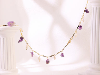 "Thorn Inspired" Amethyst Pearl Necklace – Artistic Nature Layering Jewelry (104cm)