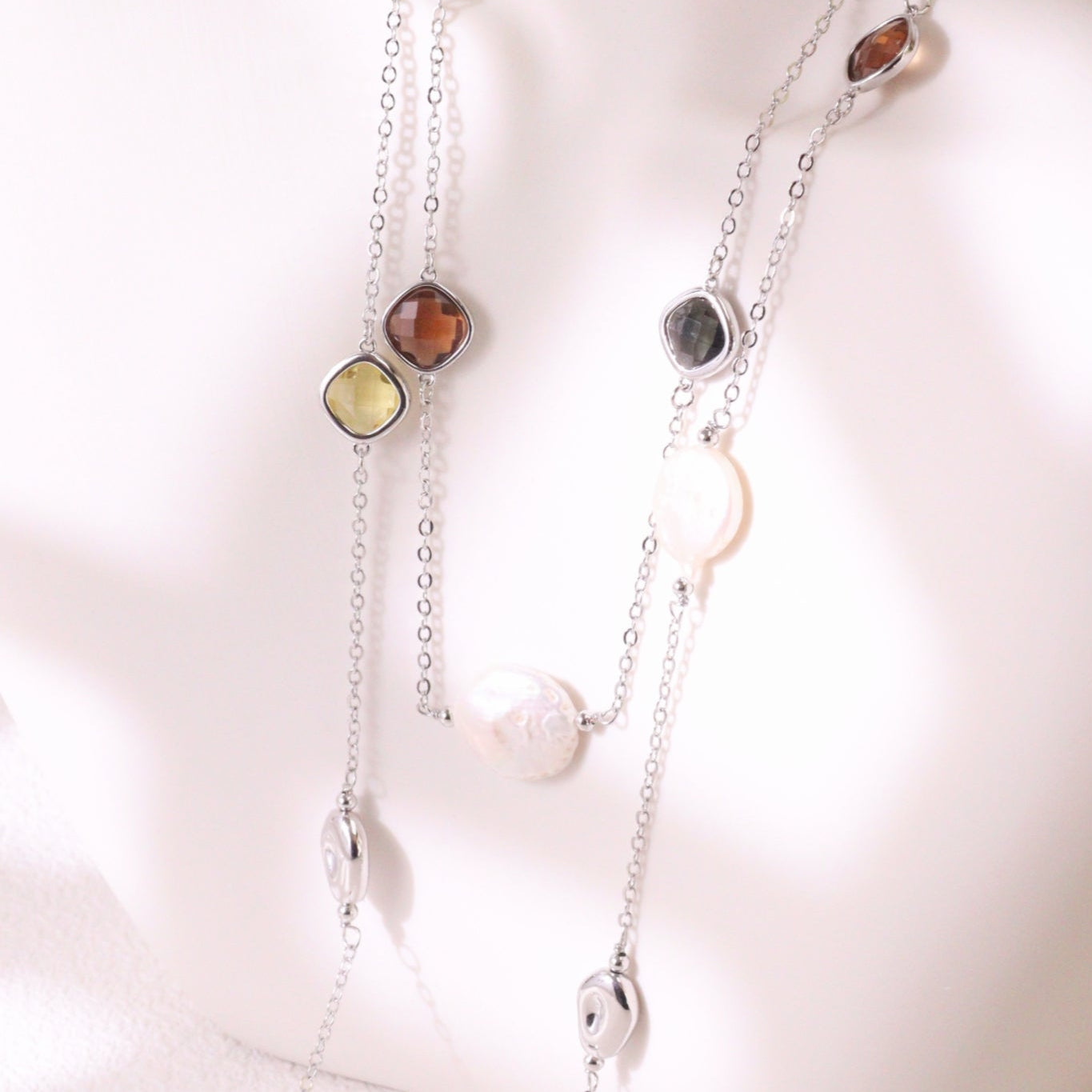 Crystal & Baroque Pearl Long Chain Necklace – Silver Tone Layering Jewelry (82cm)