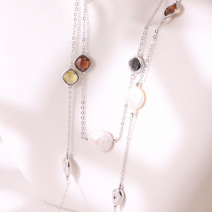 Crystal & Baroque Pearl Long Chain Necklace – Silver Tone Layering Jewelry (82cm)