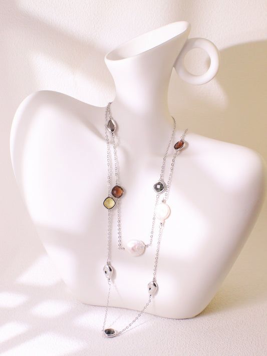 Crystal & Baroque Pearl Long Chain Necklace – Silver Tone Layering Jewelry (82cm)