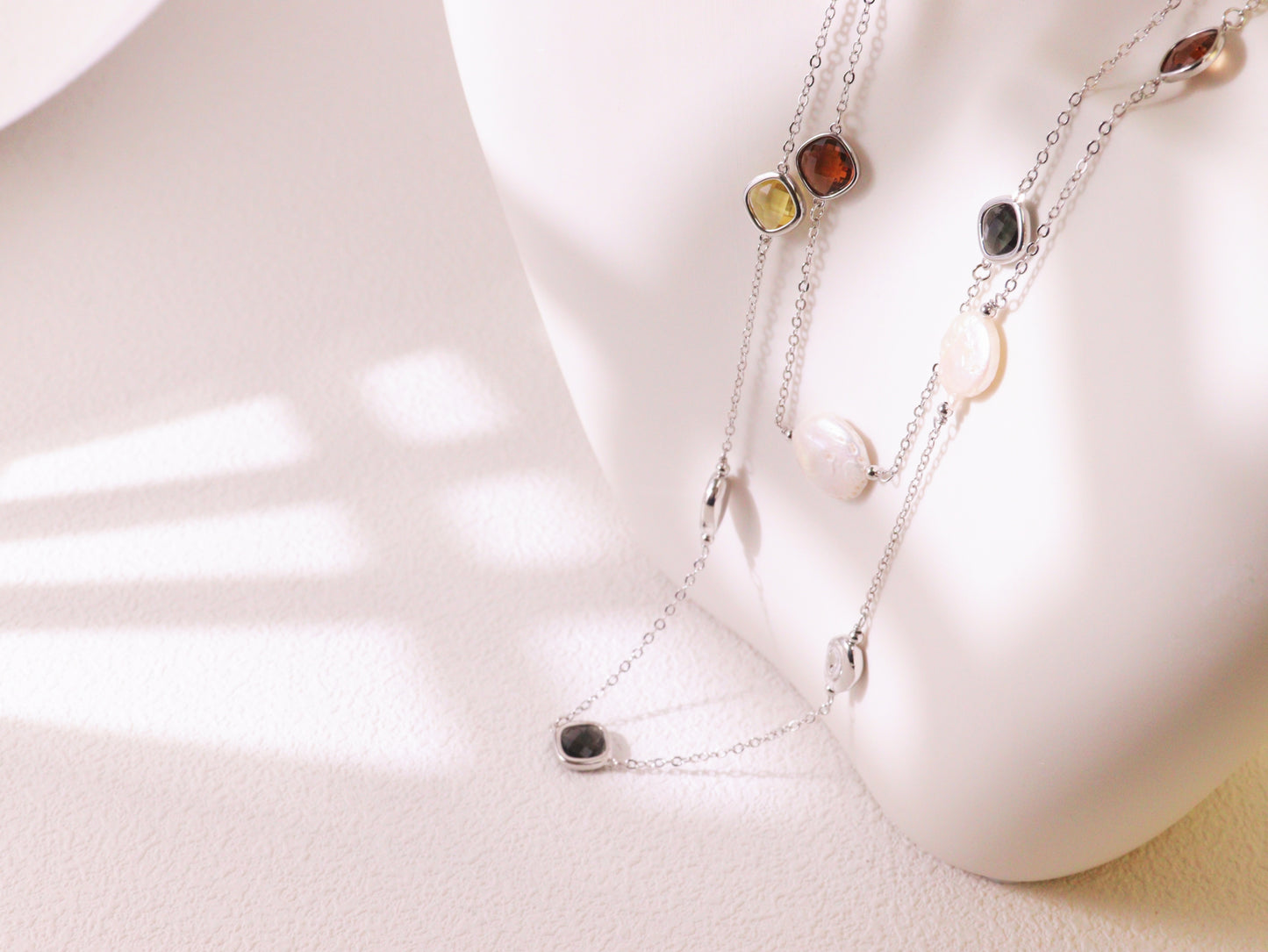 Crystal & Baroque Pearl Long Chain Necklace – Silver Tone Layering Jewelry (82cm)