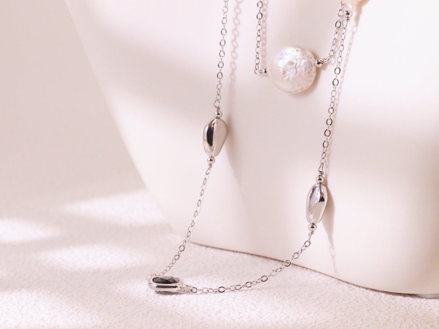 Crystal & Baroque Pearl Long Chain Necklace – Silver Tone Layering Jewelry (82cm)