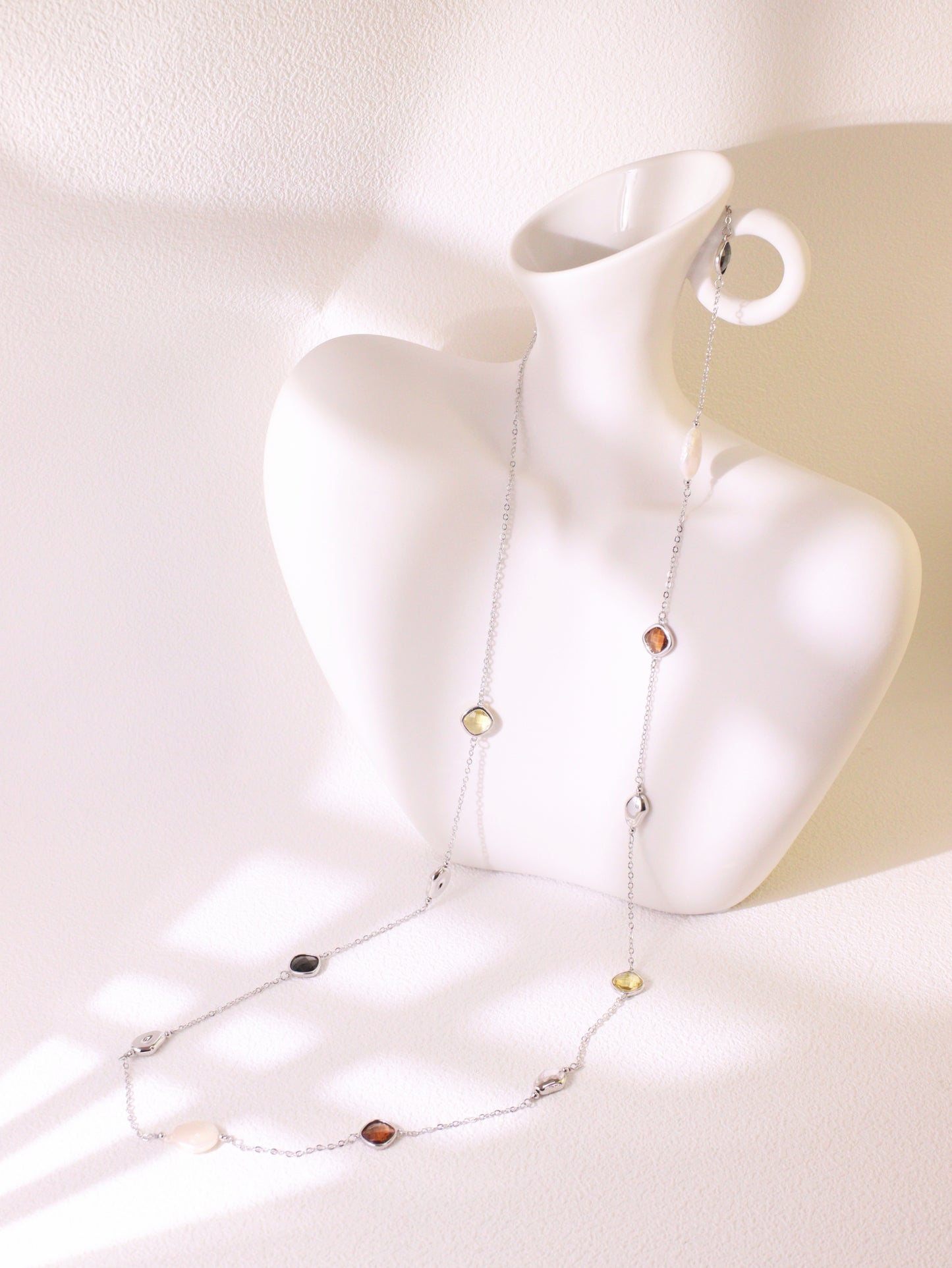 Crystal & Baroque Pearl Long Chain Necklace – Silver Tone Layering Jewelry (82cm)