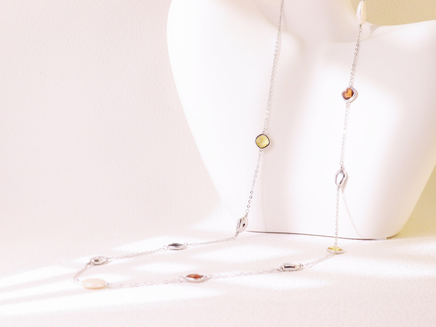 Crystal & Baroque Pearl Long Chain Necklace – Silver Tone Layering Jewelry (82cm)