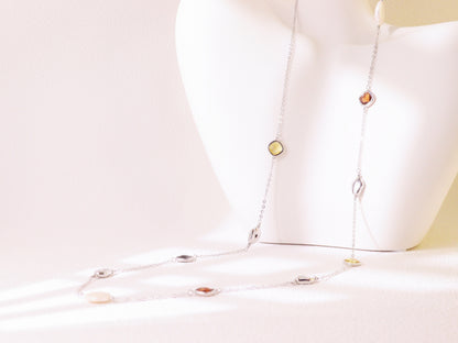 Crystal & Baroque Pearl Long Chain Necklace – Silver Tone Layering Jewelry (82cm)