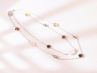 Crystal & Baroque Pearl Long Chain Necklace – Silver Tone Layering Jewelry (82cm)