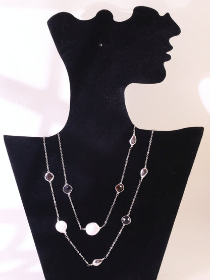 Crystal & Baroque Pearl Long Chain Necklace – Silver Tone Layering Jewelry (82cm)