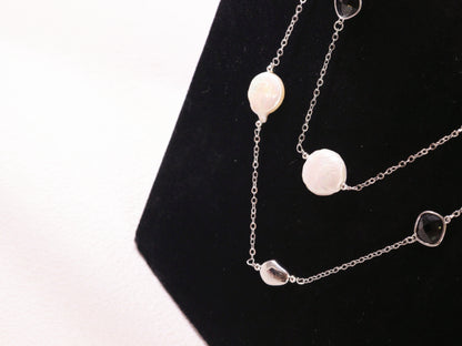 Crystal & Baroque Pearl Long Chain Necklace – Silver Tone Layering Jewelry (82cm)