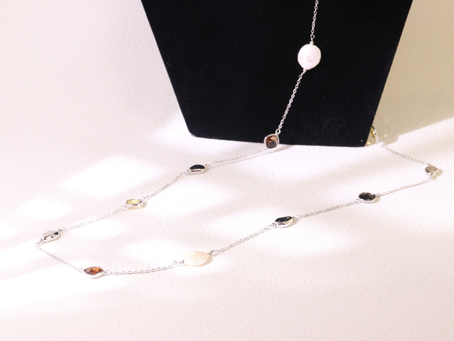 Crystal & Baroque Pearl Long Chain Necklace – Silver Tone Layering Jewelry (82cm)