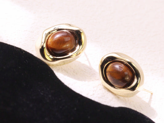 Tiger Eye Oval Stud Earrings