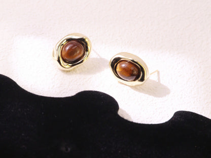 Tiger Eye Oval Stud Earrings