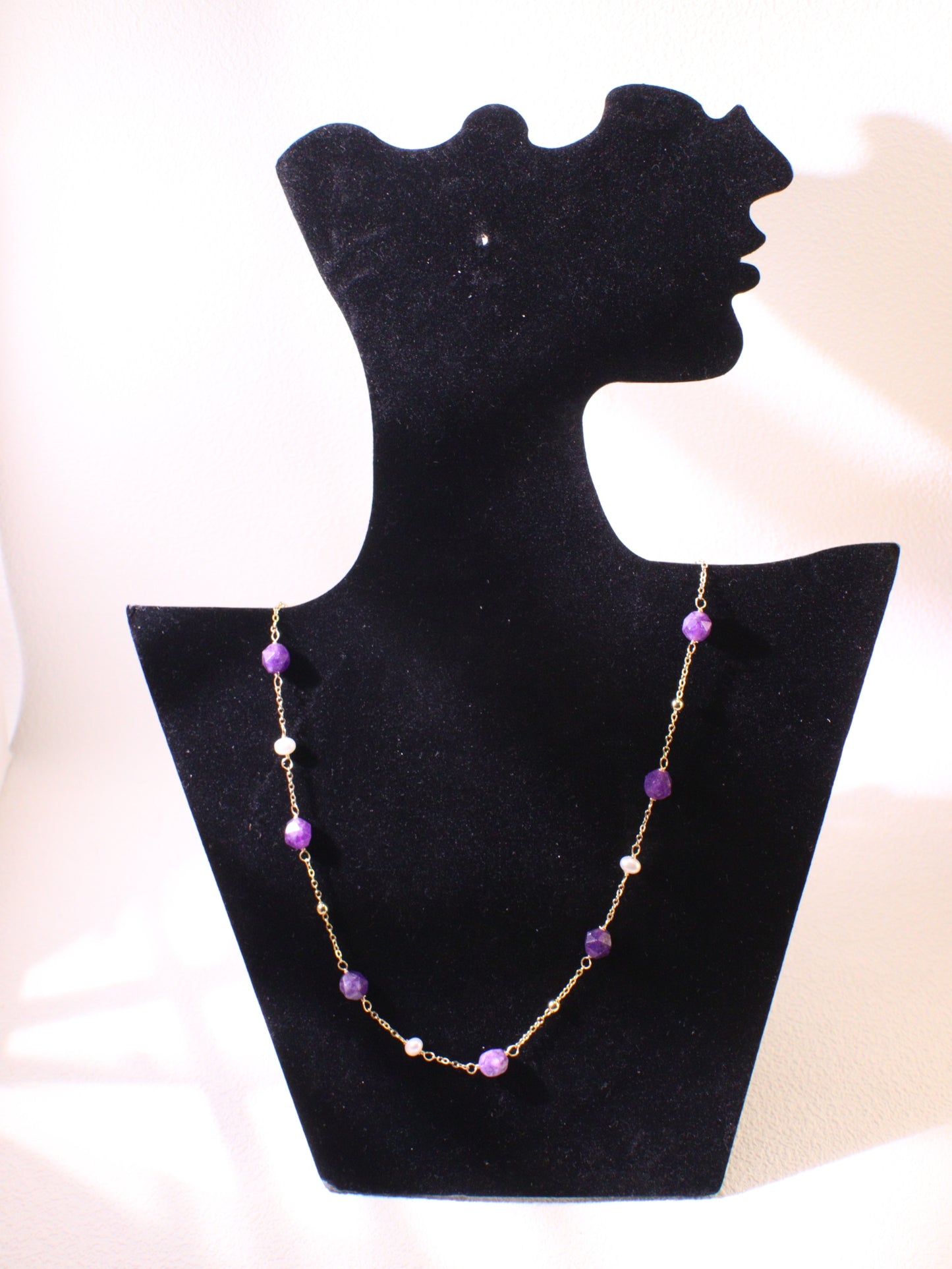 Amethyst & Pearl Double-Strand Long Necklace – Layering Gold Beaded Chain