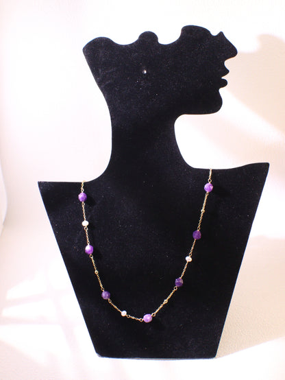 Amethyst & Pearl Double-Strand Long Necklace – Layering Gold Beaded Chain