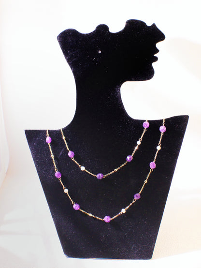 Amethyst & Pearl Double-Strand Long Necklace – Layering Gold Beaded Chain