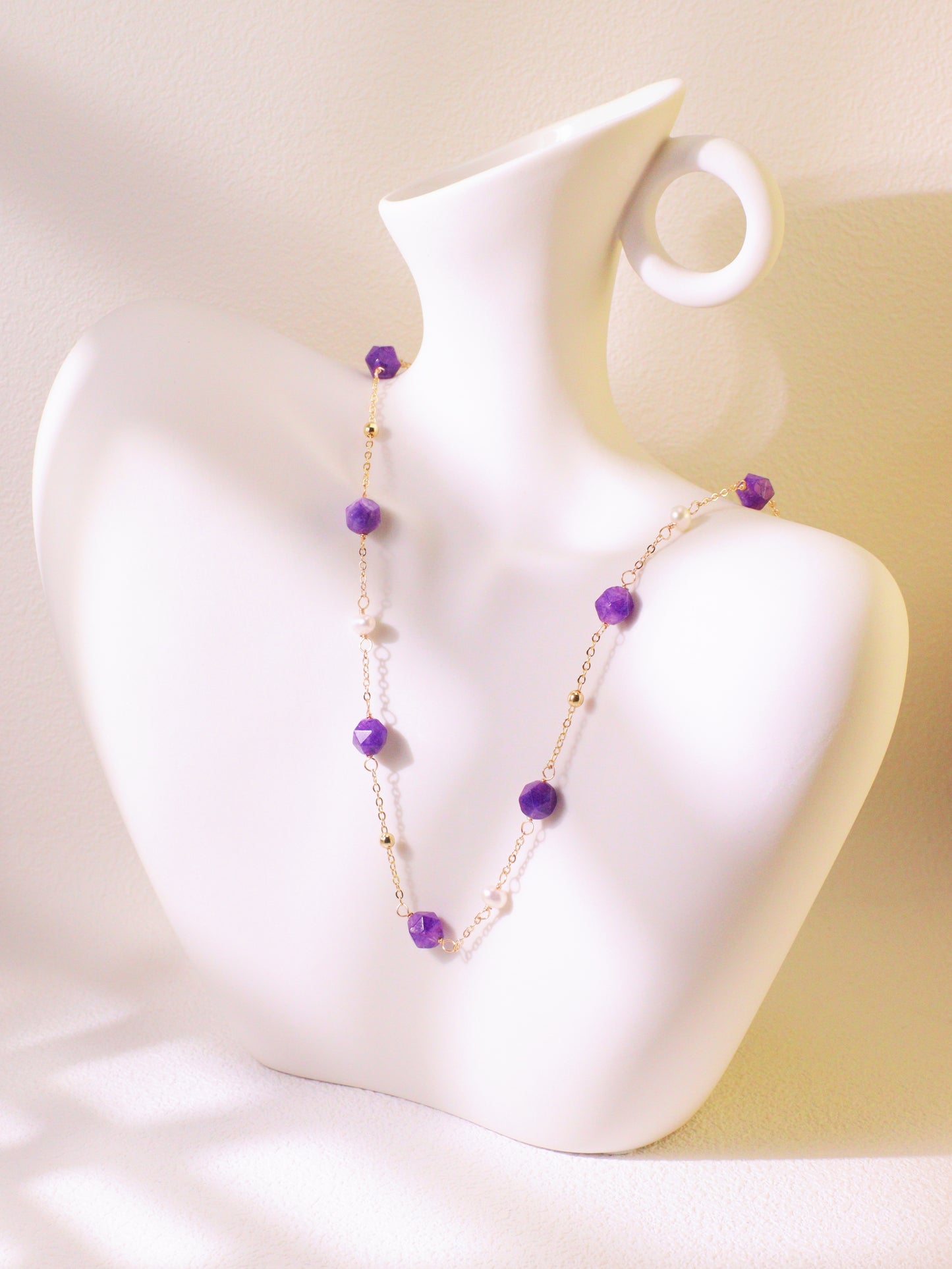 Amethyst & Pearl Double-Strand Long Necklace – Layering Gold Beaded Chain