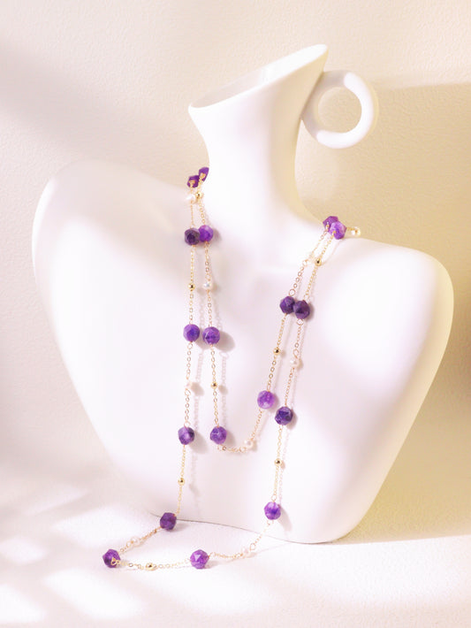 Amethyst & Pearl Double-Strand Long Necklace – Layering Gold Beaded Chain