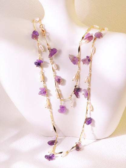 "Thorn Inspired" Amethyst Pearl Necklace – Artistic Nature Layering Jewelry (104cm)