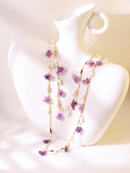 "Thorn Inspired" Amethyst Pearl Necklace – Artistic Nature Layering Jewelry (104cm)
