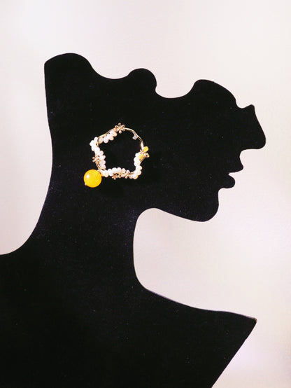 Yellow Chalcedony & Pearl Flower Hoops – Vintage Floral Gold Plated Earrings