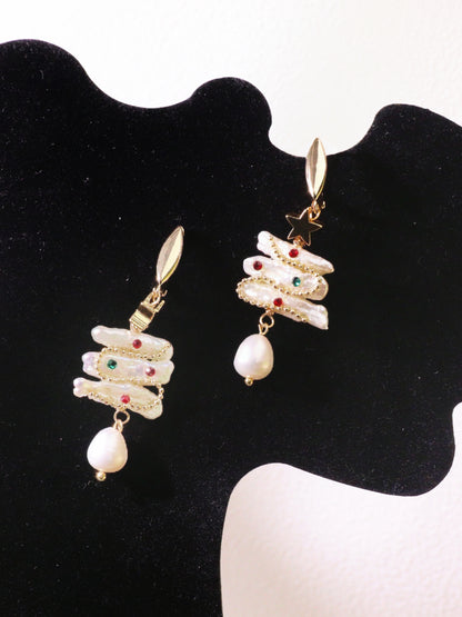 Christmas Tree Baroque Pearl Earrings – Festive Gold Plated Holiday Jewelry Gift
