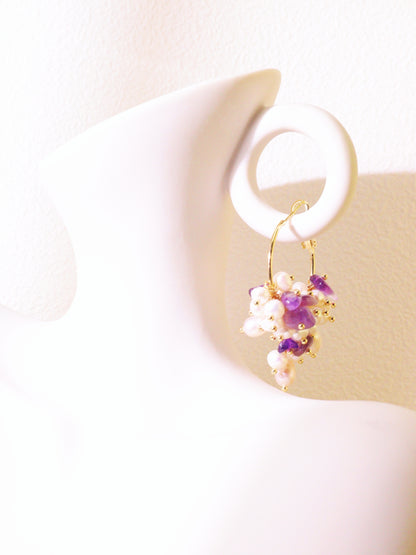 Gemstone Cluster Pearl Hoop Earrings – Amethyst & Turquoise Gold Accents