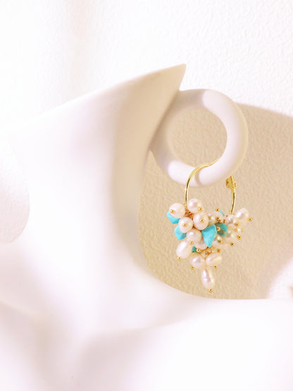 Gemstone Cluster Pearl Hoop Earrings – Amethyst & Turquoise Gold Accents