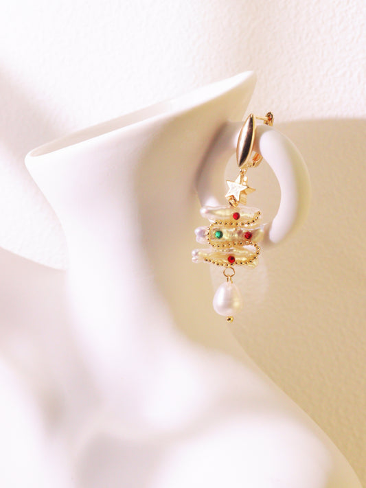 Christmas Tree Baroque Pearl Earrings – Festive Gold Plated Holiday Jewelry Gift