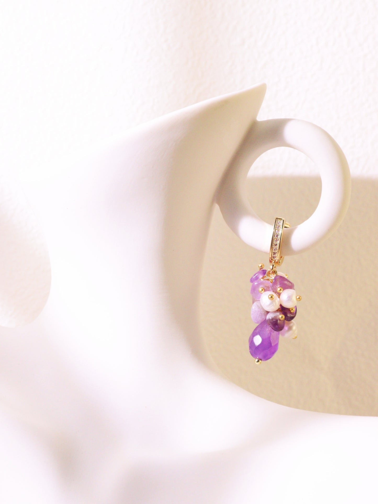 Amethyst Pearl Cluster Ear Clips – Gold Plated Brass